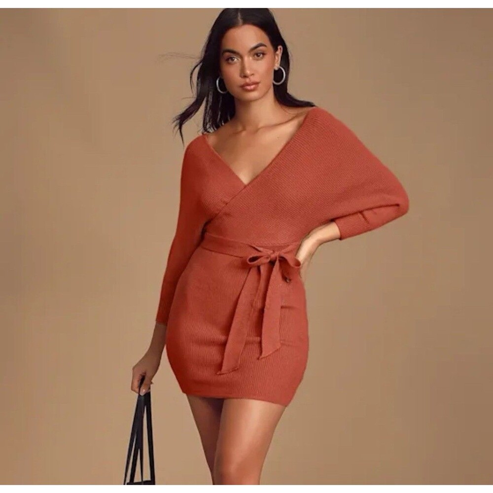 Ribbed Knit Sweater Mini Dress Wrap V-Neck Long Sleeve Small Orange Bodycon